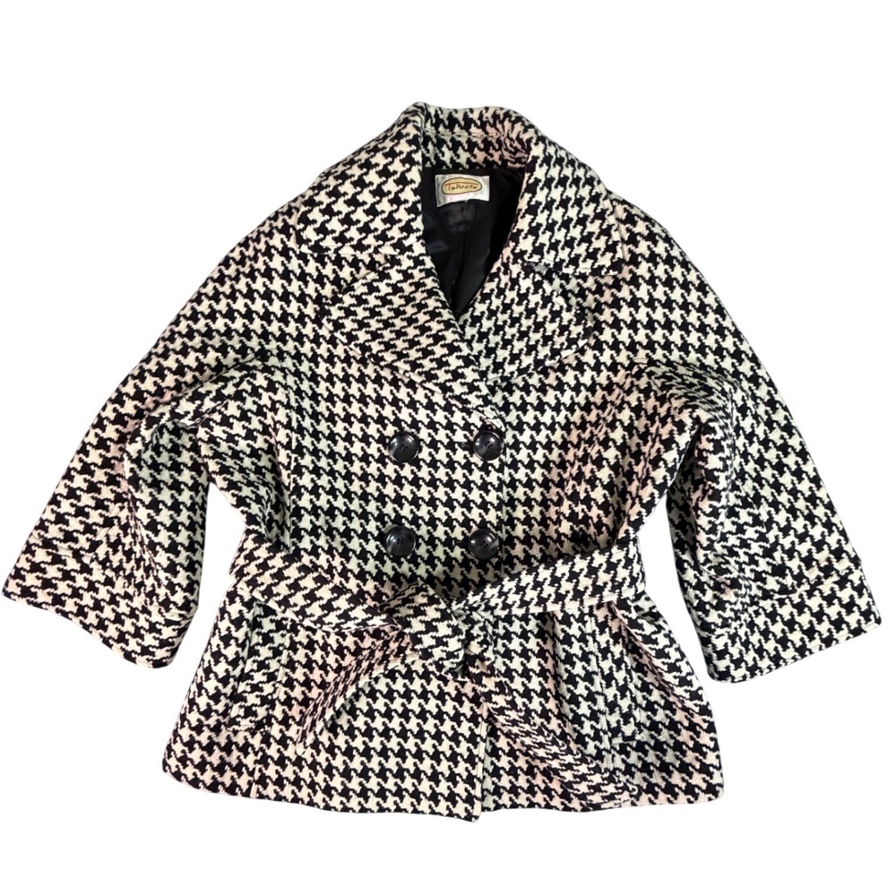 Talbots Houndstooth Double Breasted Belted Peplum Coat Jacket Women's Size L 50s